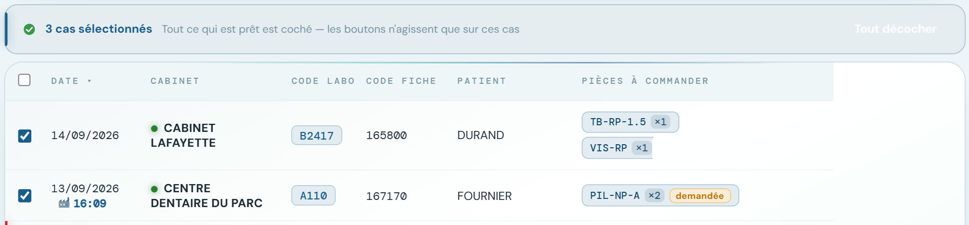 Les pièces à recommander, rattachées à leurs fiches (données de démonstration)